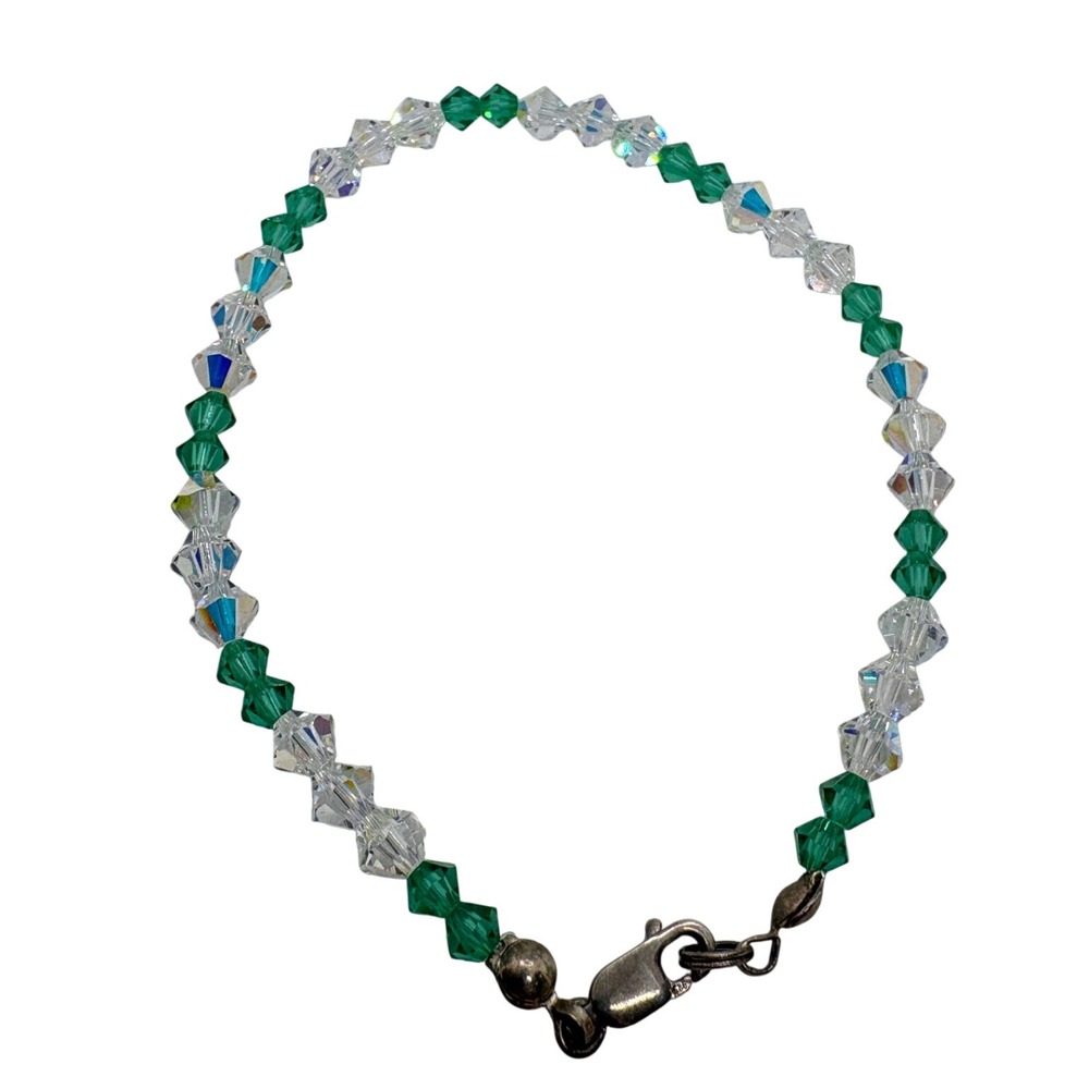 Sterling Silver 925 Green Clear Crystal Bicone Bead Bracelet 7.25 Inch 188